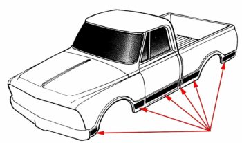 69-72 MOULDINGS-LOWER BODY WITH BLACK ACCENT COMPLETE SET Longbed (Counterpart brand)